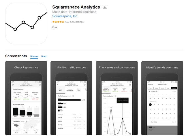 squarespace analytics mobile app with four images showing various displays