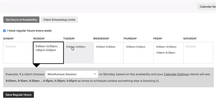 Event scheduling example showing a calendar week with available hours being set