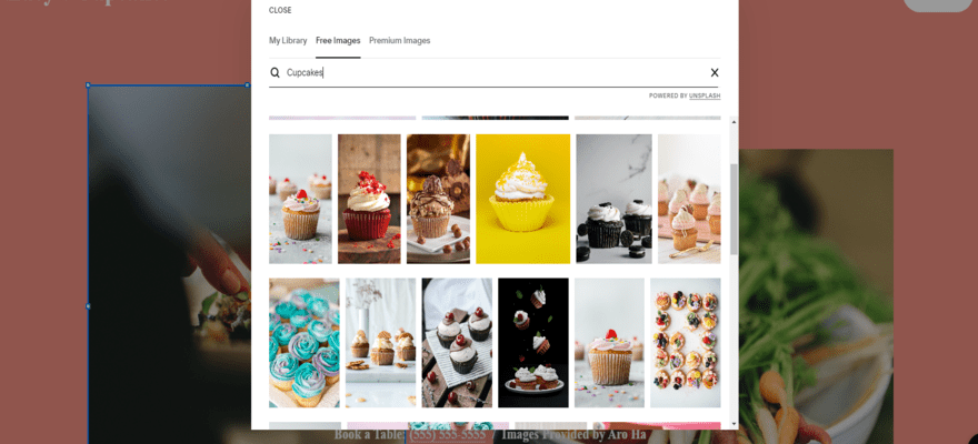 Squarespace's editor, showing a range of stock images on offer for users to access.