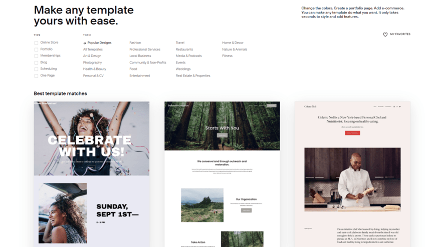 Selection of Squarespace website templates with a list of categories above to help filter it down