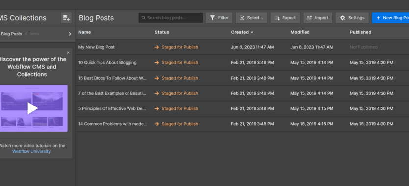 Webflow's blog management dashboard, showing existing pages