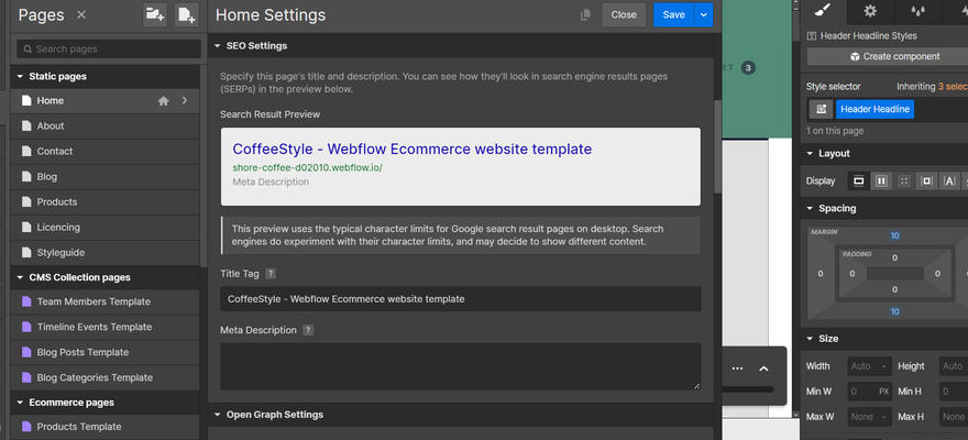A scrolling menu in an editor showing a detailed amount of SEO settings.