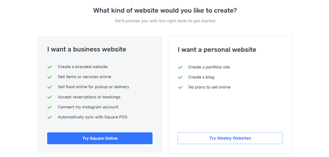 Weebly Personal or Business Website page with summary of features and buttons for each option