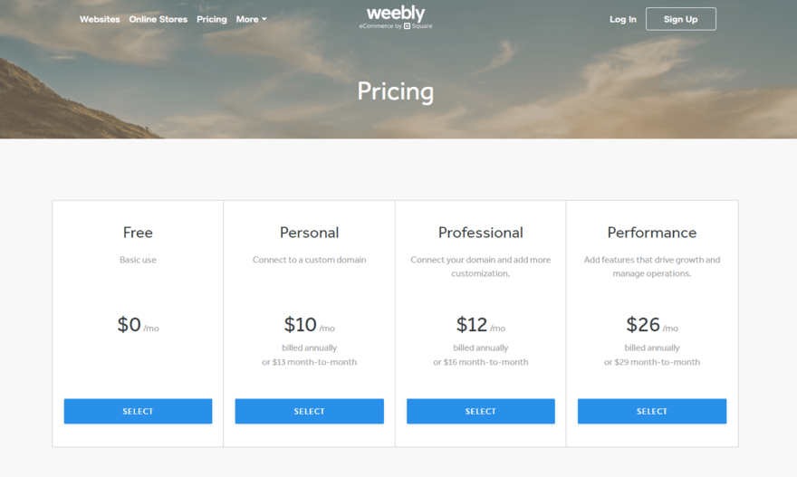 Row of Weebly's website builder plans, featuring price and a button to choose the plan