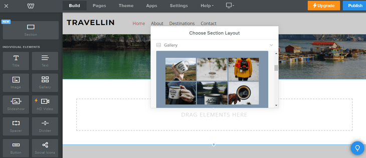 weebly editor choosing a section layout for a variety of images to be put on a page