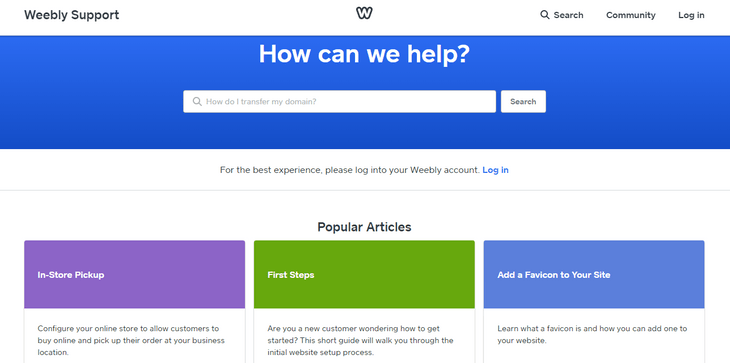 weebly help center with search bar and popular articles to the bottom each with a different colour block