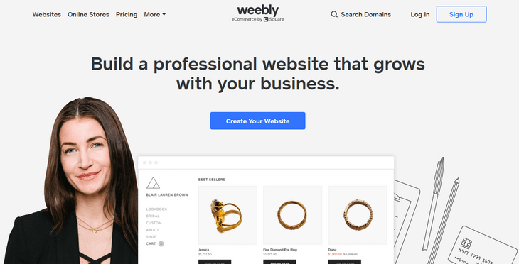 weebly homepage with woman in smart dress smiling next to screenshot of online jewellery products