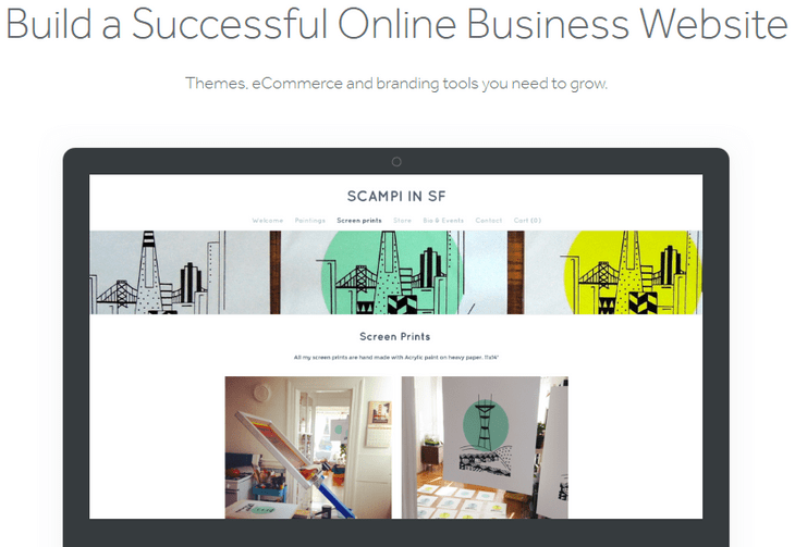 weebly showcase of one of its business themes, centered around a screen printing business with a mix of real photos and illustrations