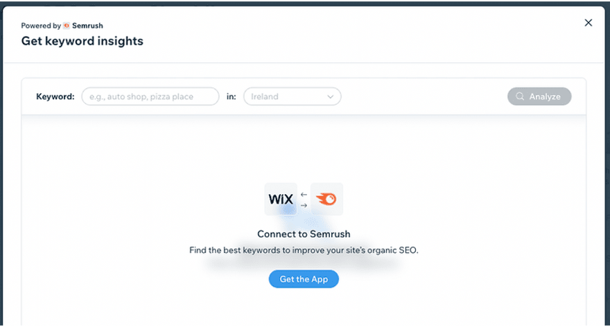 Semrush on Wix dashboard for searching keywords
