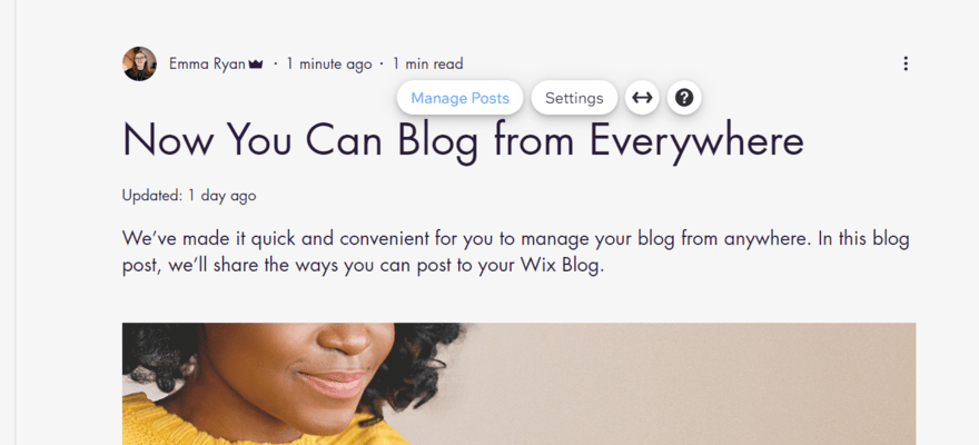 Wix blog post with settings highlighted to manage post