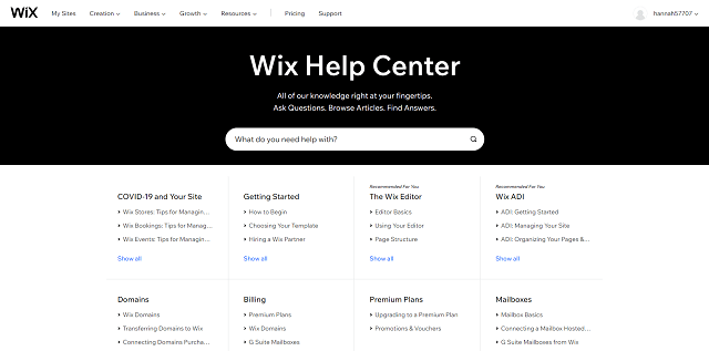 Wix's help center page with a search bar for questions