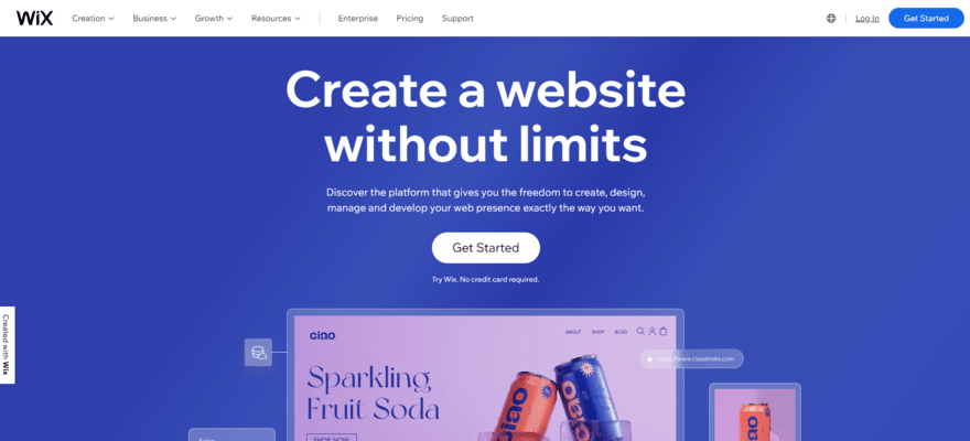 Homepage of Wix advertising how you can create a website without limits