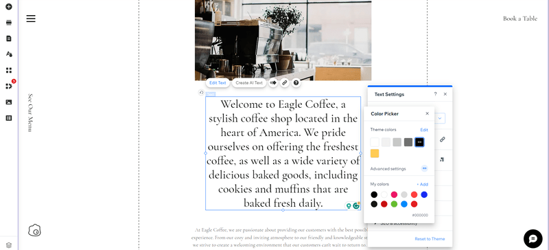 Wix's text editor, with pop-out menu for settings