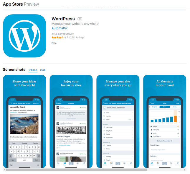 wordpress ios mobile app with four images of various displays of the app