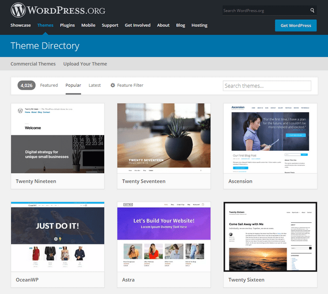WordPress.org themes, six examples