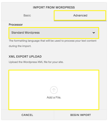 wordpress to squarespace migration with important information highlighted with yellow boxes