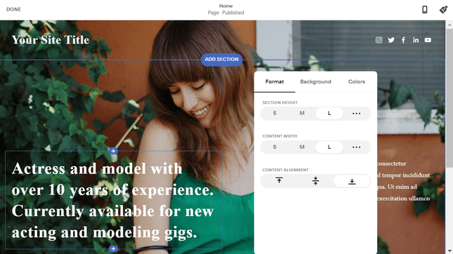 Squarespace editor adding text over image of girl outside in green dress
