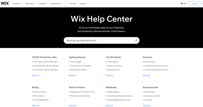 Wix help center with a search bar and common questions