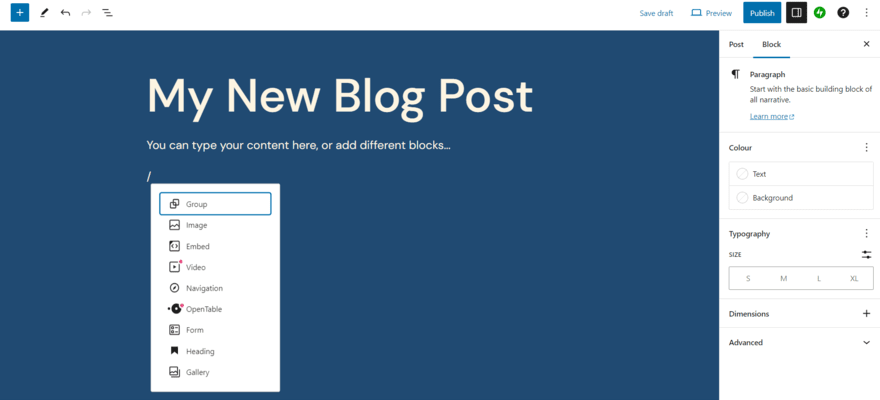 WordPress.com editor, specifically showing writing a new blog post